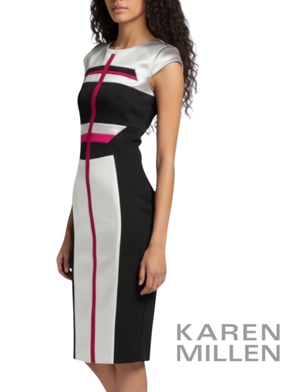 KAREN MILLEN Black Pink Accent Stripe Colorblock Sheath Pencil Midi Dress EUC